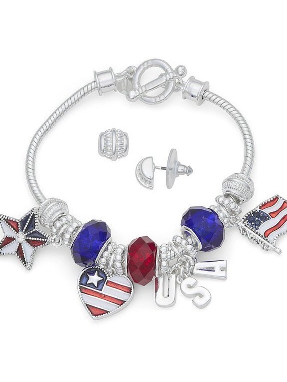 Patriotic charm bracelet Silver-Tone Red & Blue includes earring set New in Box
